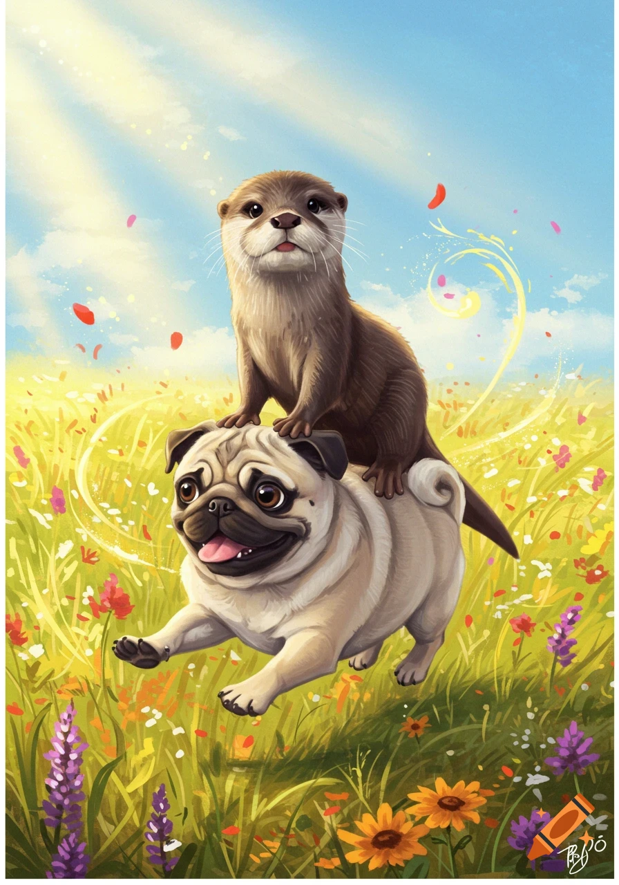 An adorable otter rides a smiling pug through a vibrant, sunny field filled with colorful flowers in a playful illustration.