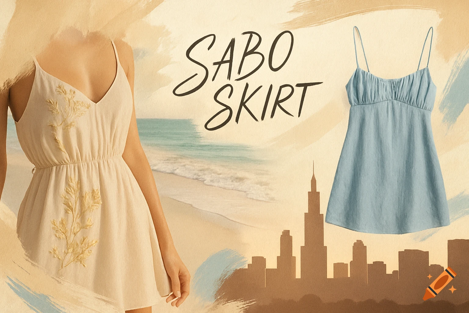 A collage image featuring a person wearing a beige dress, a blue skirt, text 'SABO SKIRT', a beach, and a city silhouette.