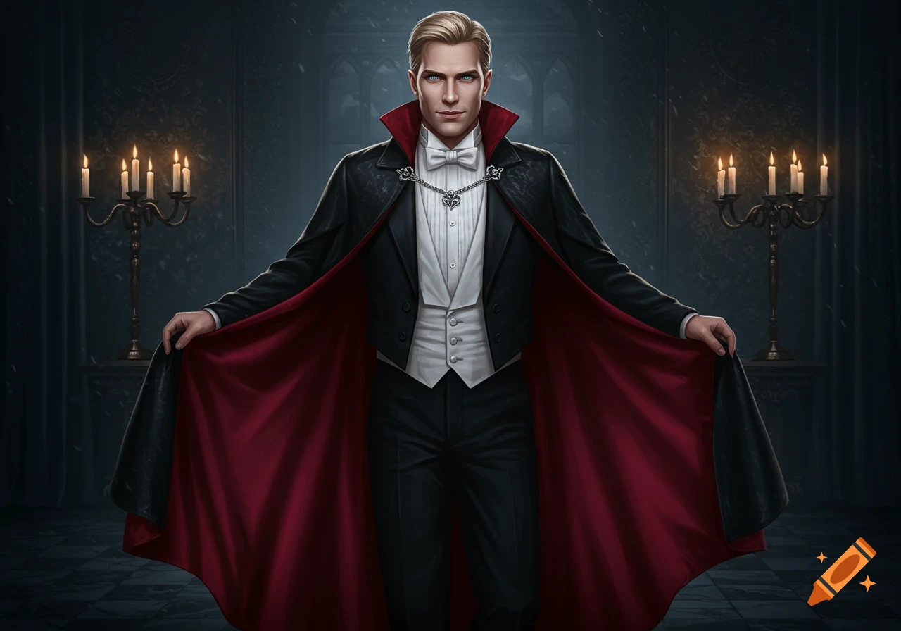 A handsome man with blonde hair and blue eyes, dressed in a black and red Dracula costume, stands in a gothic room with candelabras.
