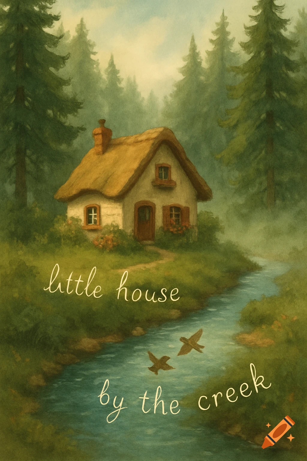 A charming illustration of a little cottage with a thatched roof nestled by a winding creek in a misty forest. Text reads, "little house by the creek."