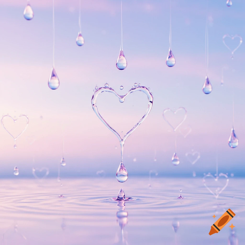 Water drops forming hearts suspended in air, falling into ripples, against a soft pastel sky.