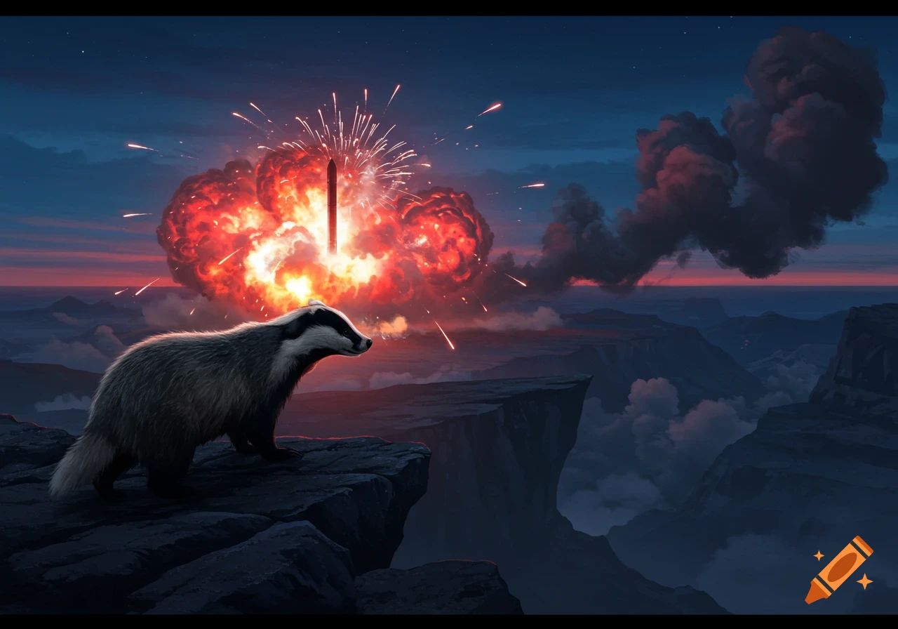 A badger stands on a cliff overlooking a vast mountain landscape with a rocket exploding in the distance at sunset.