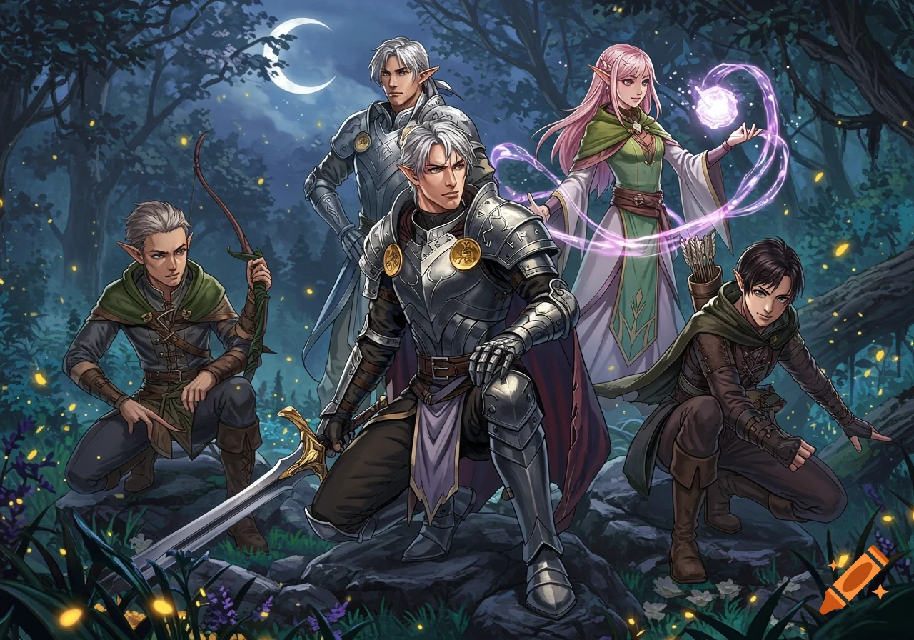 Five anime-style fantasy characters, including elves with a sorceress casting a spell, in a moonlit forest setting.