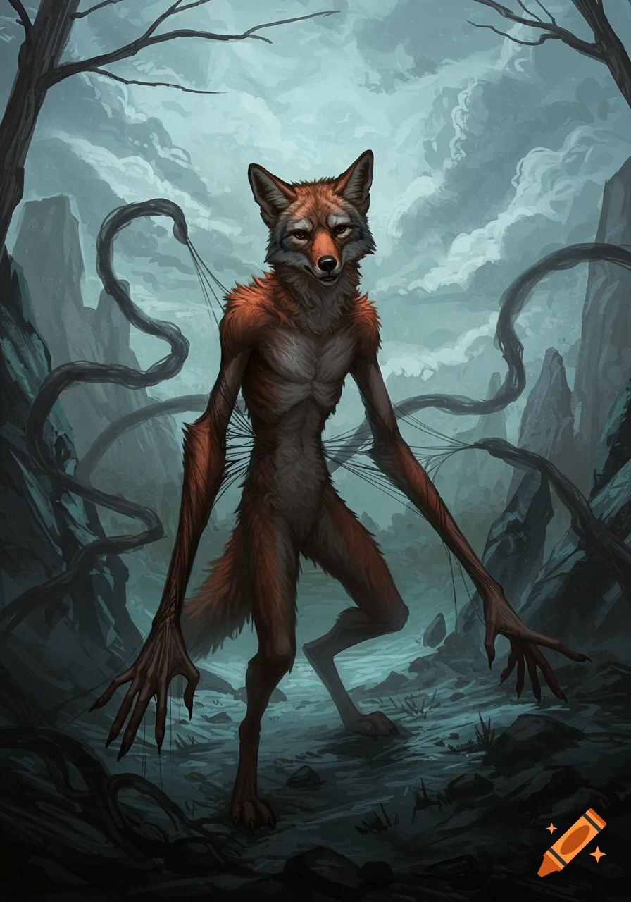 Digital painting of a gaunt anthropomorphic coyote with stretched limbs and dark tendrils, standing in a desolate, cloudy landscape.