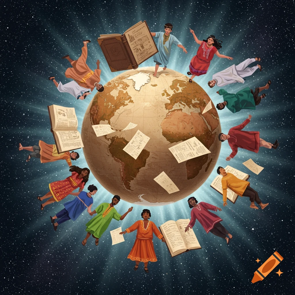 An illustration of diverse people and open books orbiting a globe amidst floating papers in a starry, radiant sky.