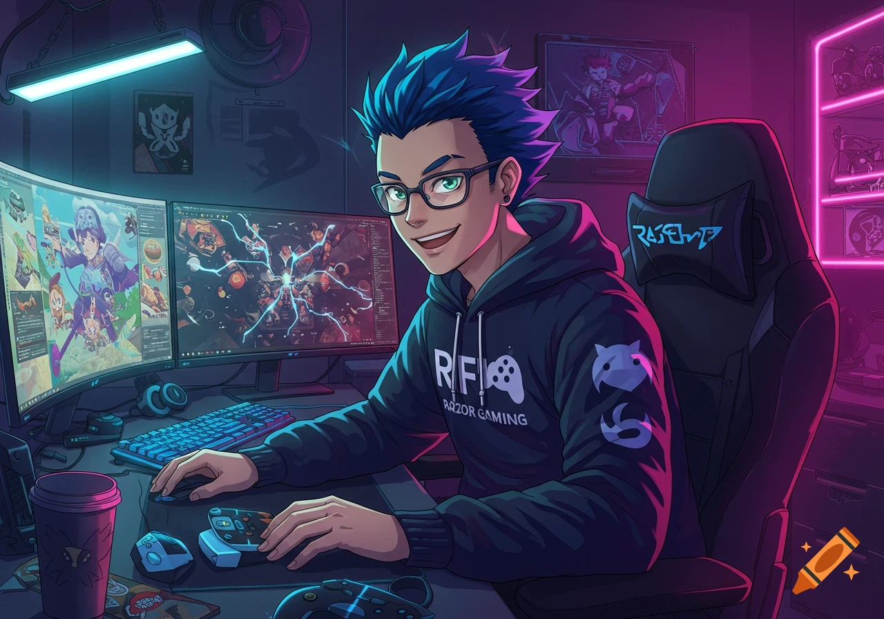 An anime-style male gamer with blue hair and glasses sits at a desk with multiple monitors, surrounded by neon pink and blue lighting.