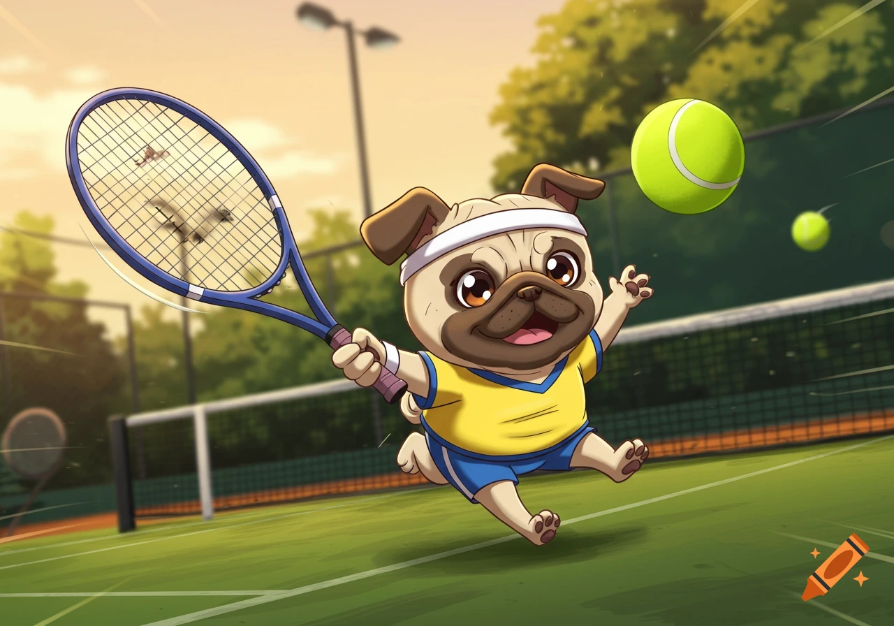 Anime style illustration of a happy pug dog playing tennis on a green court, holding a racket and chasing a tennis ball.