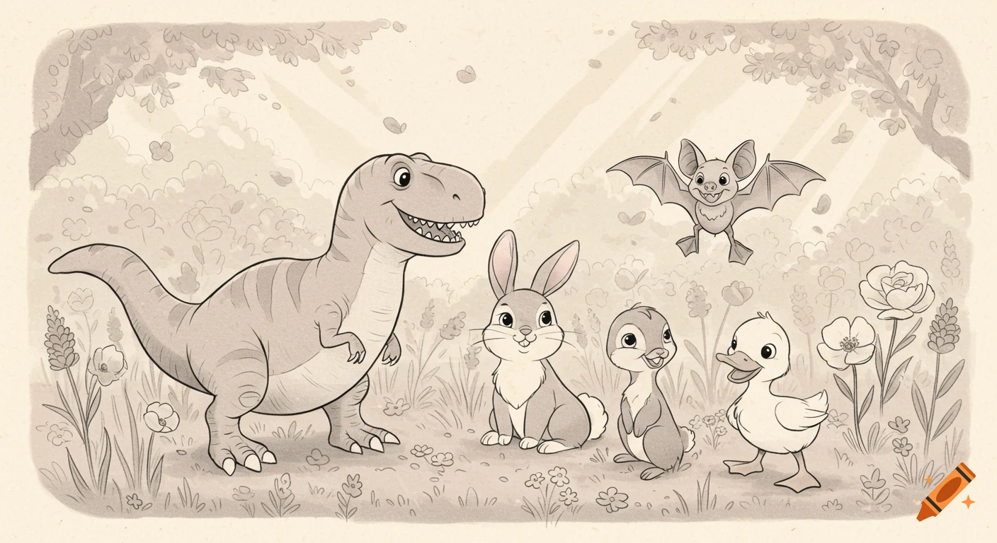 A sepia-toned cartoon of a friendly T-Rex, a bunny, a duckling, and a bat in a whimsical meadow with flowers, in a Disney-inspired style.