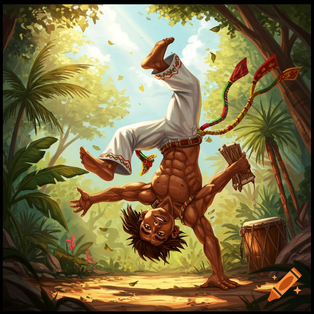 A muscular man performing a handstand in a capoeira pose amidst a lush, sunny jungle environment.