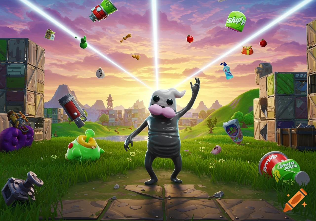 A gray blob-like character with pink whiskers stands under white light beams, surrounded by floating Fortnite items like Slurp Juice and tomatoes.