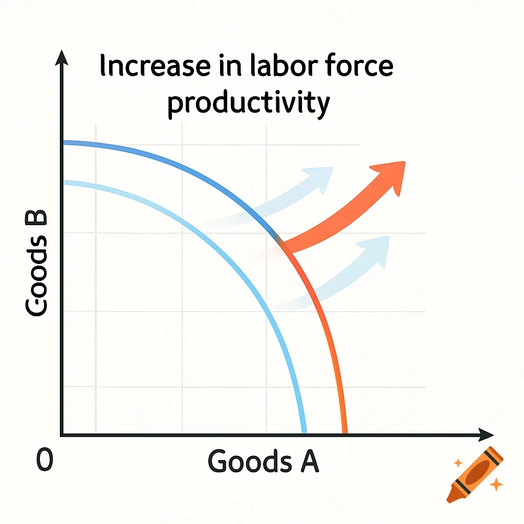 A production possibility frontier graph showing an outward shift labeled 'Increase in labor force productivity' with Goods A and Goods B axes.