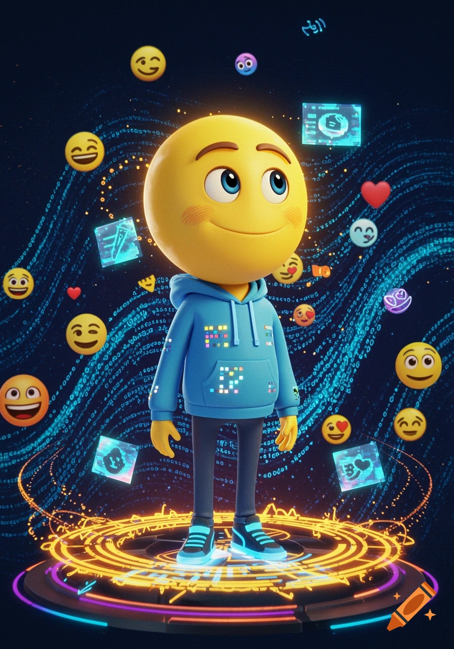 A humanoid emoji character in a blue hoodie stands on a glowing circular platform, surrounded by floating emojis and digital patterns on a dark background.