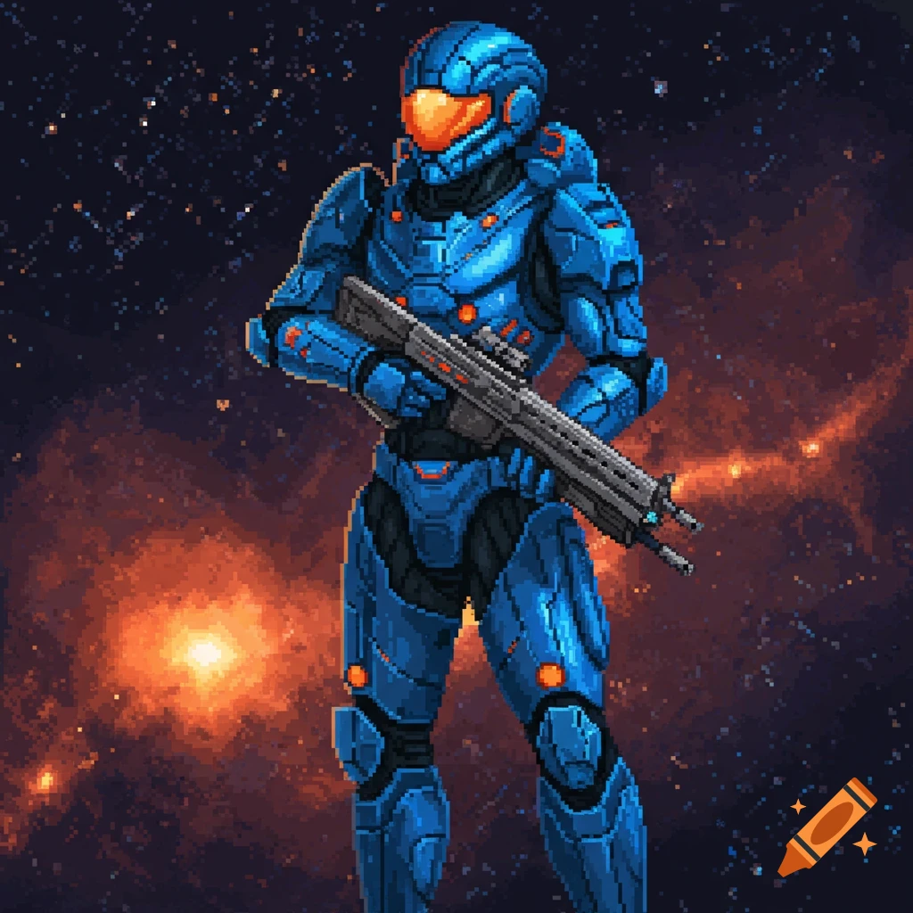 A pixel art rendering of a blue armored futuristic marine with an orange visor holding a rifle, standing against a star-filled space background.