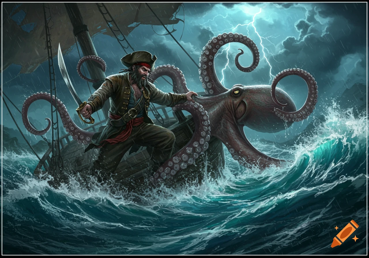 An illustration of a pirate on a ship battling a giant octopus in a stormy sea with lightning striking in the background.