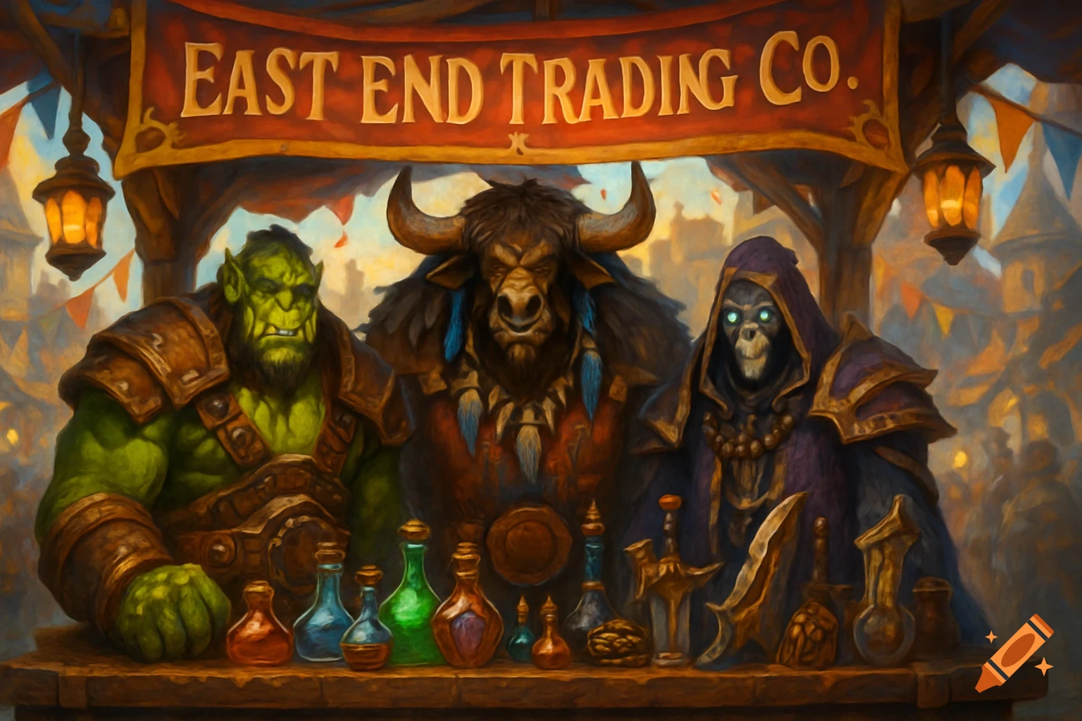 An Orc, a Tauren, and an Undead character stand behind a trading booth with potions under a banner for "EAST END TRADING CO.", in a painterly fantasy style.