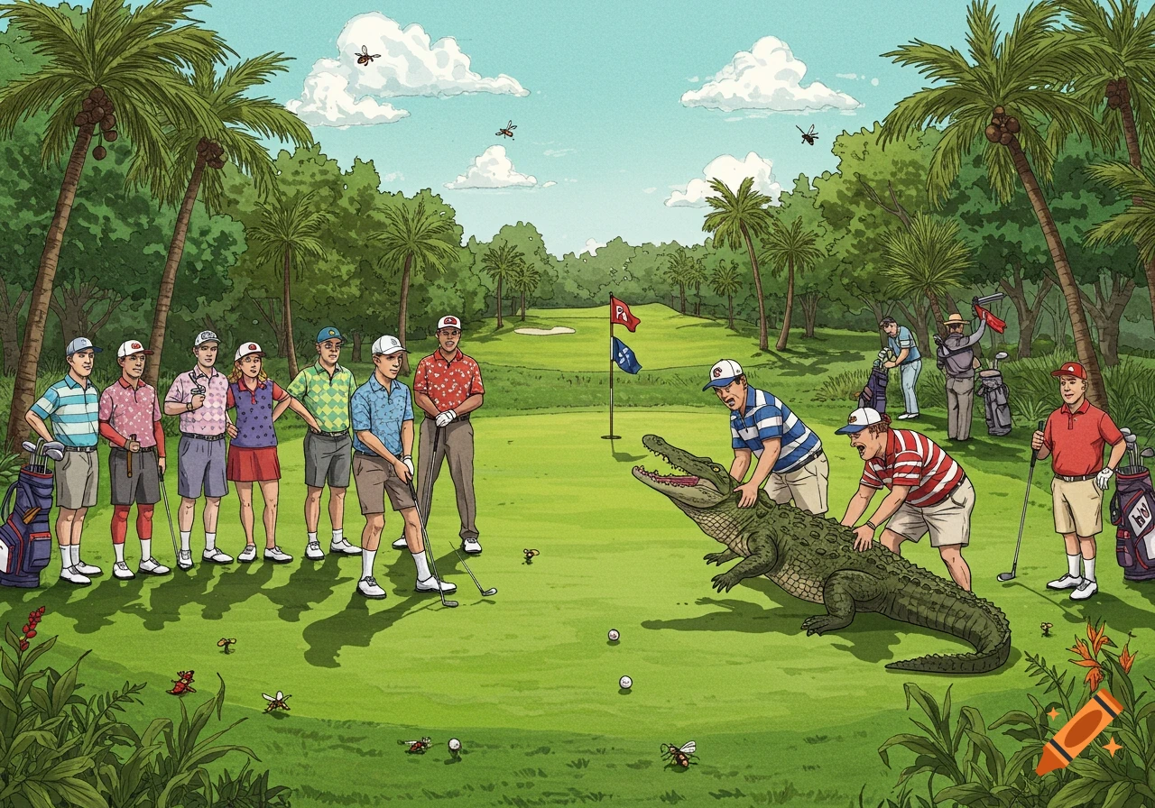 A large group of male and female golfers on a green, watching two men wrestle a large alligator. Palm trees and thick jungle foliage surround the course under a blue sky.