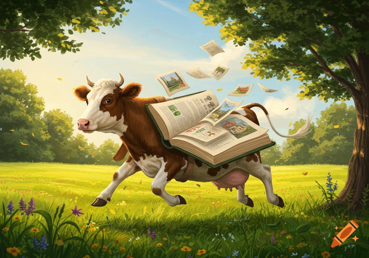 A brown and white cow with an open book as its body runs through a vibrant green field with trees and flowers under a sunny blue sky.