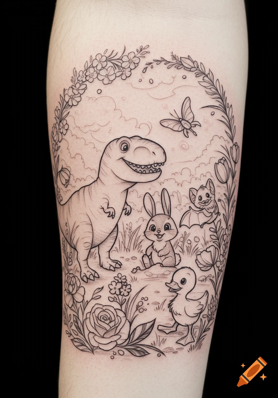 Black and grey tattoo of a cheerful T-Rex, bunny, bat, and duckling in a whimsical garden with flowers and a butterfly.