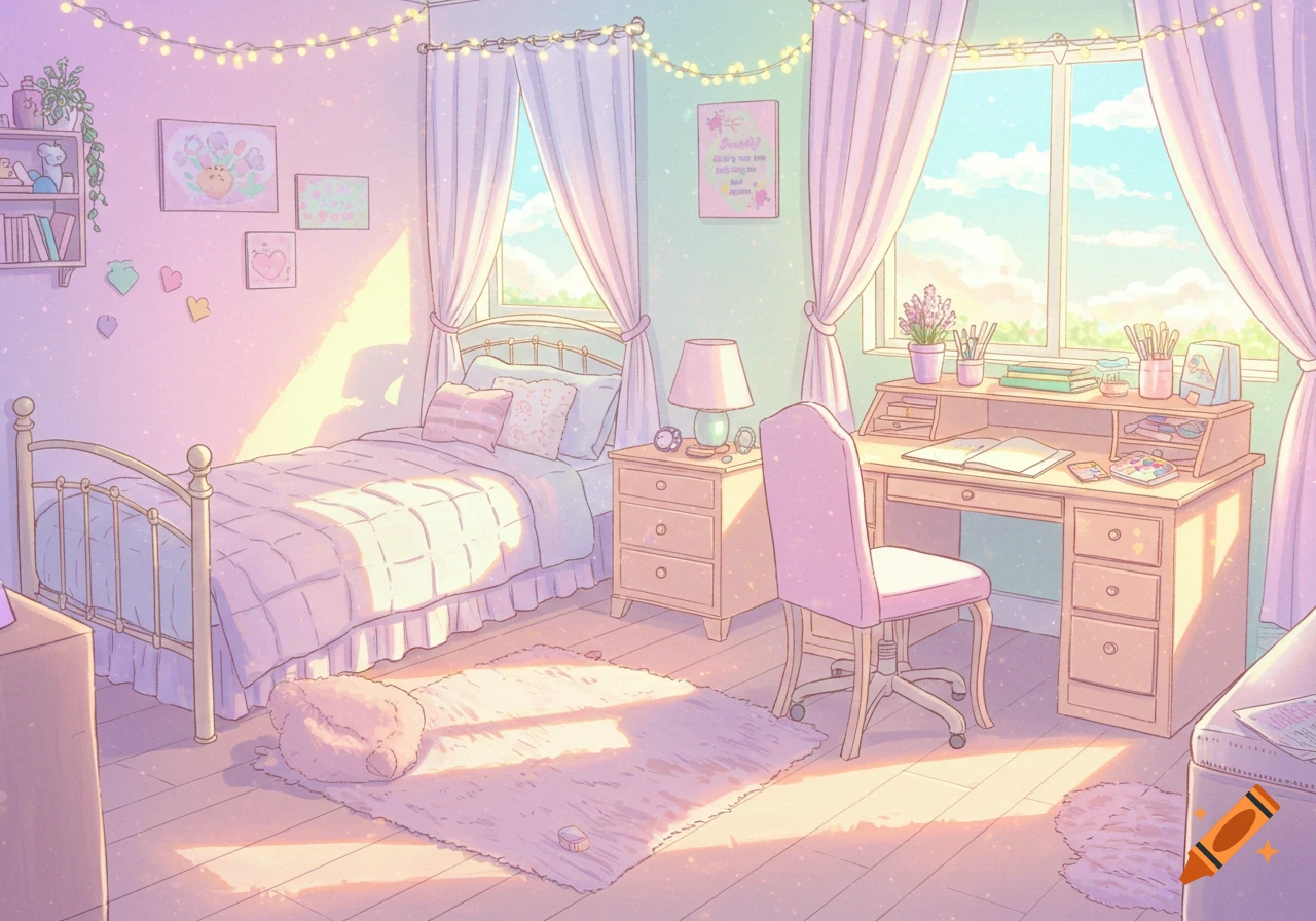 A cute, pastel anime-style bedroom featuring a bed, desk, and chair, illuminated by soft sunlight.