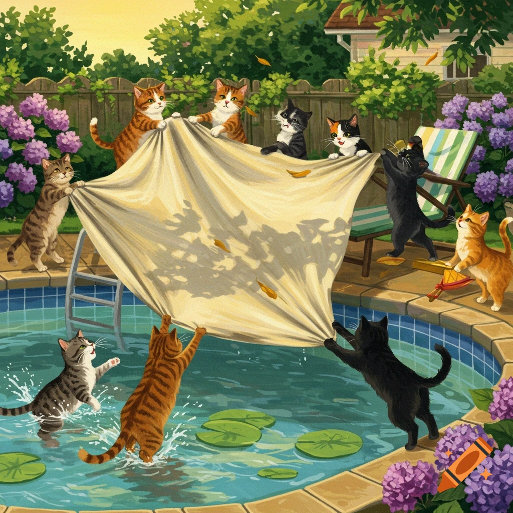 Colorful painting of several cats comically struggling to put a large sheet over a backyard swimming pool.