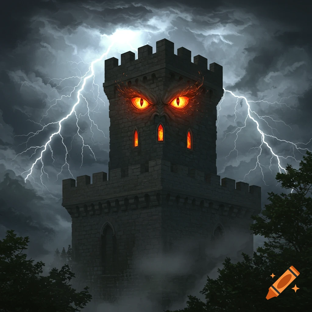 A dark stone castle tower with glowing orange, furious eyes and lighted windows stands amidst misty trees, under a stormy sky with lightning.