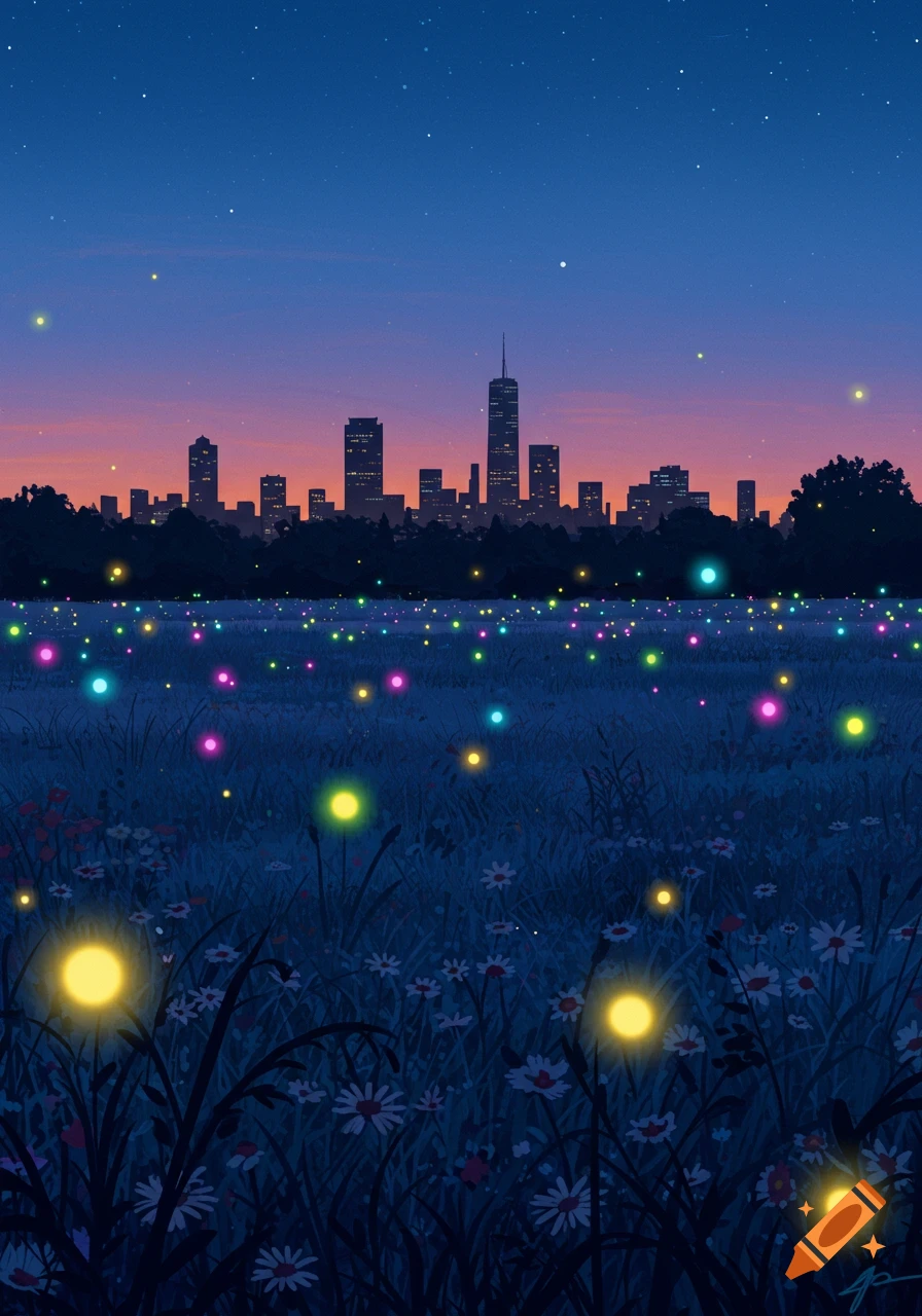 An illustrative scene of a city skyline at dusk, with a field of glowing fireflies in the foreground.