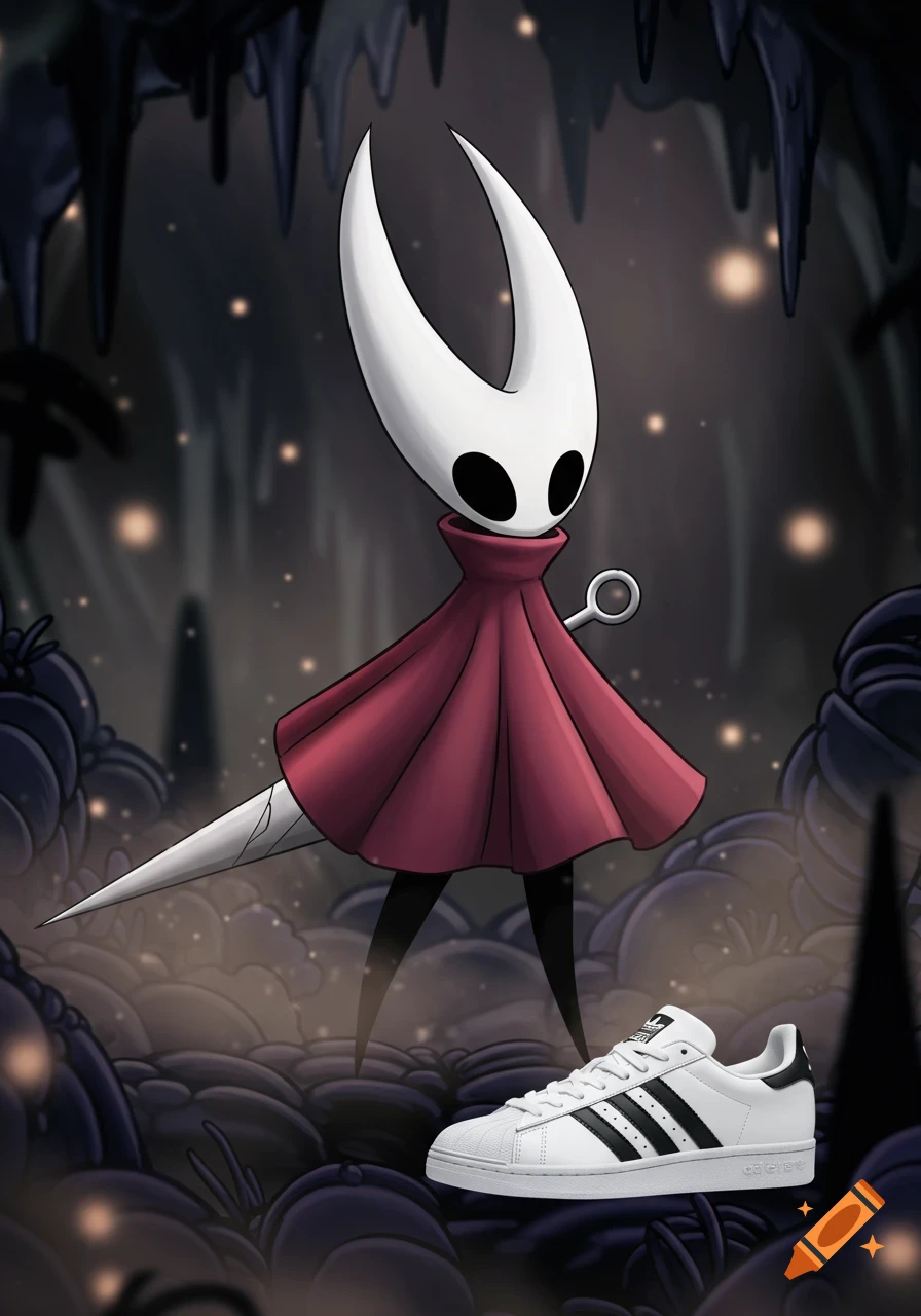 Hornet from Hollow Knight stands in a dark cavern next to a white and black Adidas shoe, in a stylized illustration.