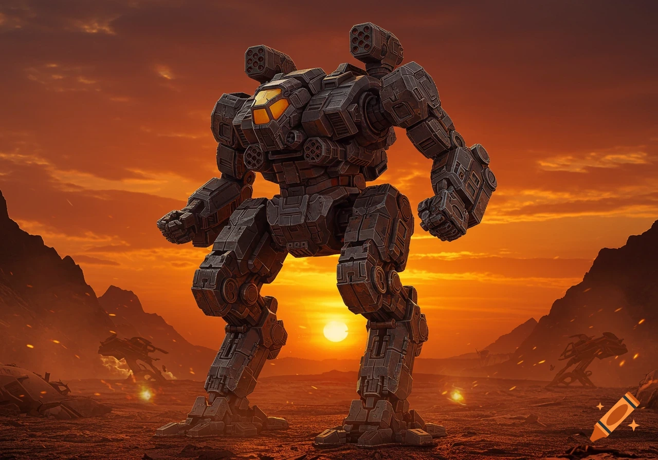 A large, heavily armed mech stands in a barren, reddish-brown landscape under a dramatic orange and red sunset, with distant mountains and debris.