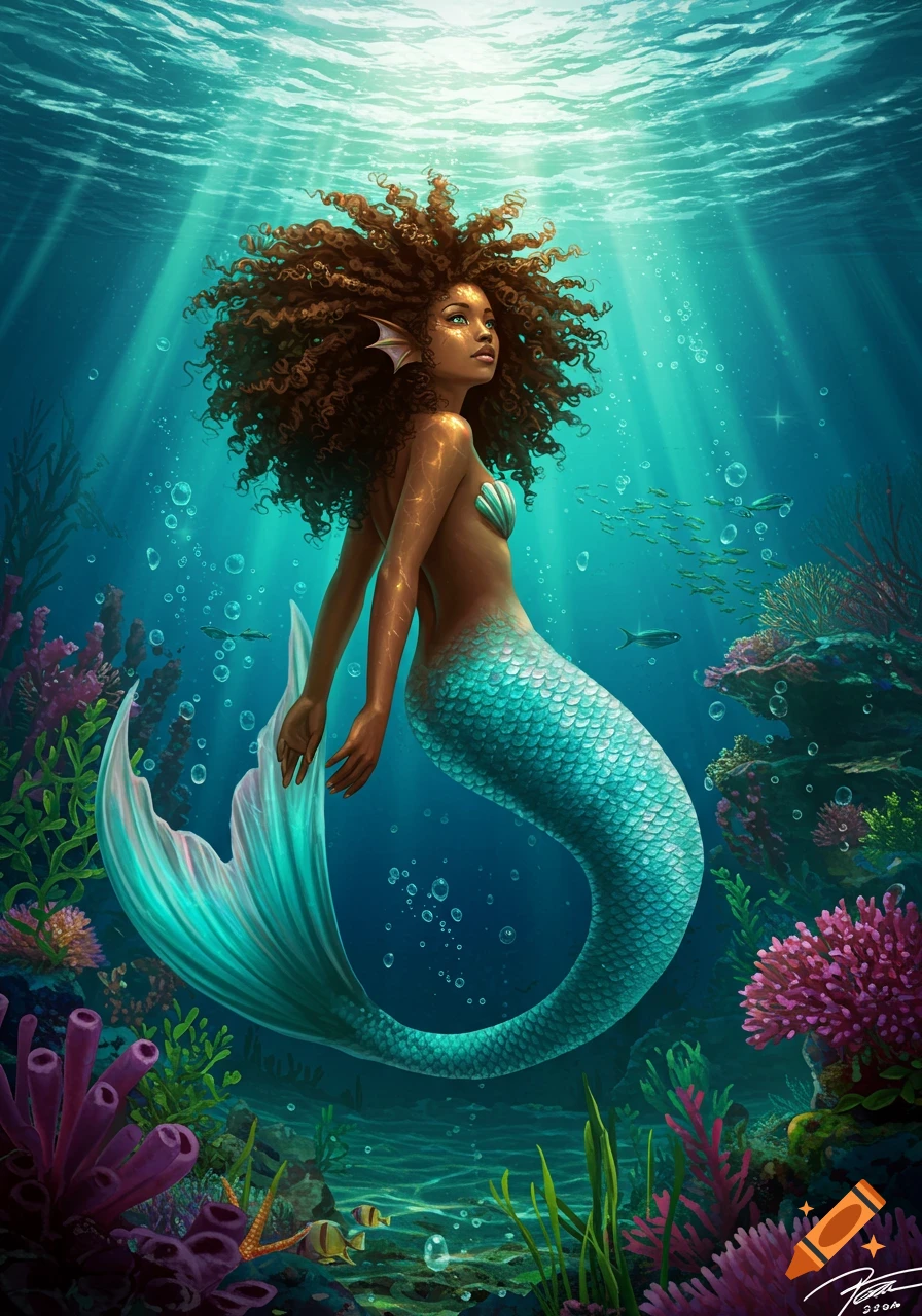 A beautiful mermaid with curly brown hair and a teal tail swims gracefully in a vibrant underwater scene with coral and fish.