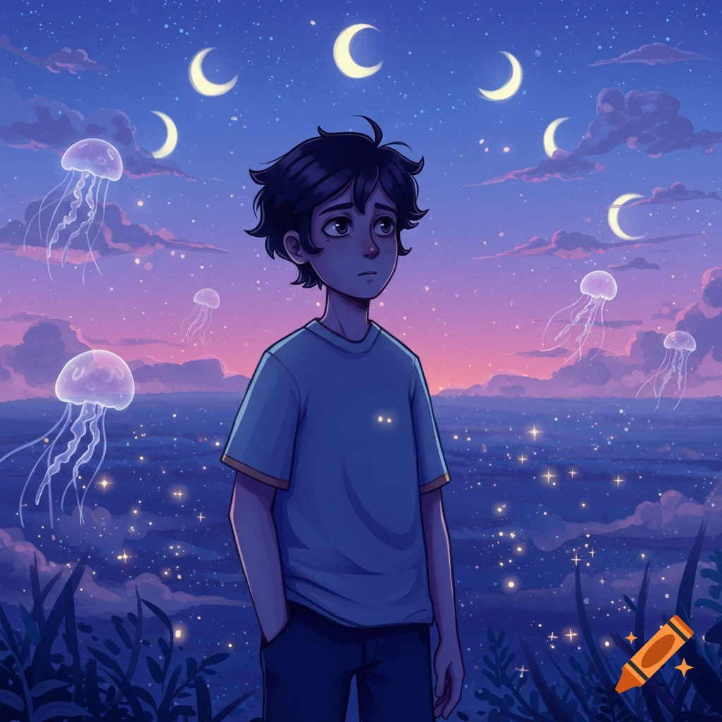 A stylized boy with dark hair stands at night, looking up at a sky with crescent moons, glowing jellyfish, and sparkling lights over a landscape.