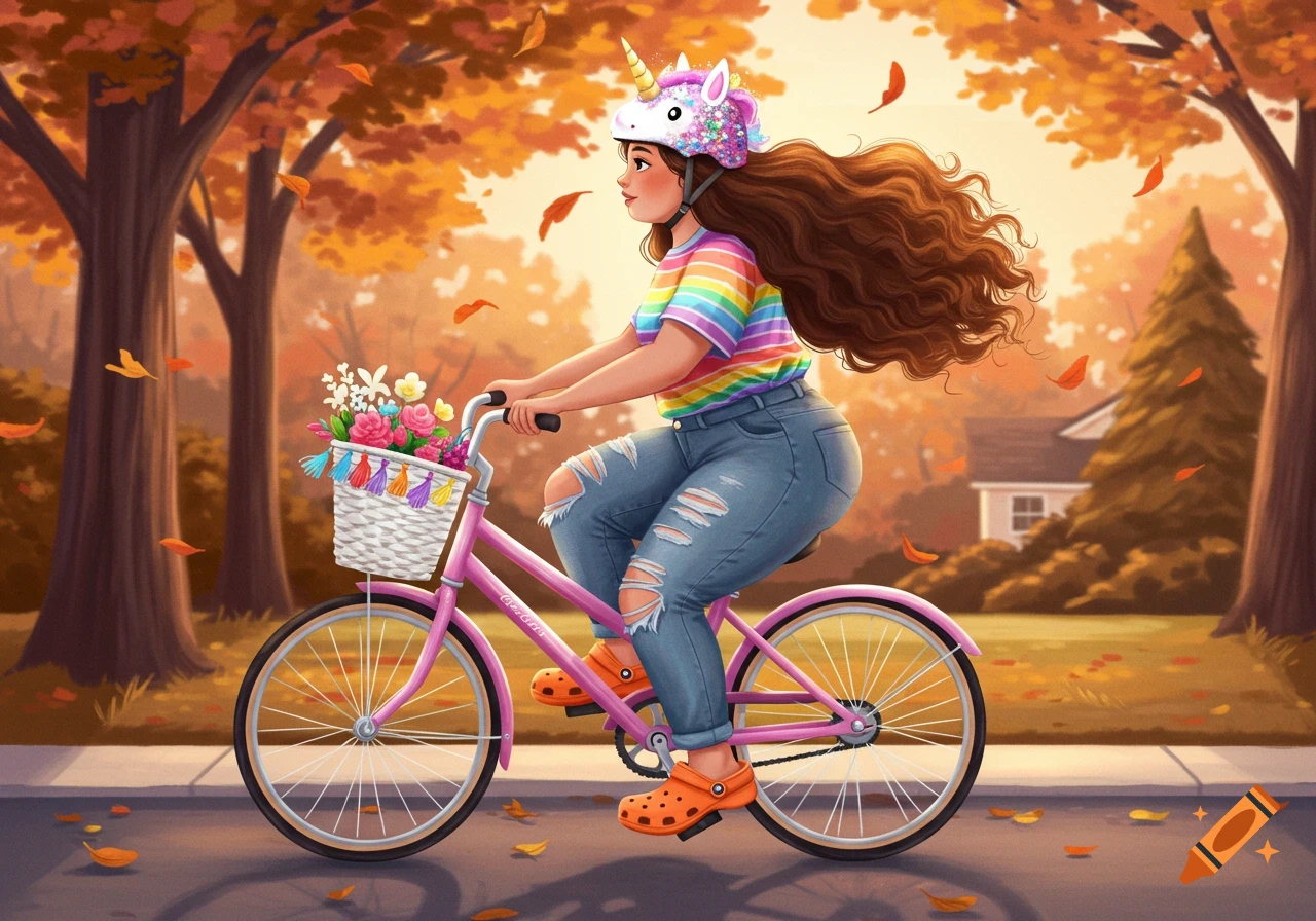 Illustrated chubby girl with long curly brown hair wearing a rainbow shirt, ripped jeans, orange Crocs, and a unicorn helmet, riding a pink bike with a flowered basket on an autumn street.