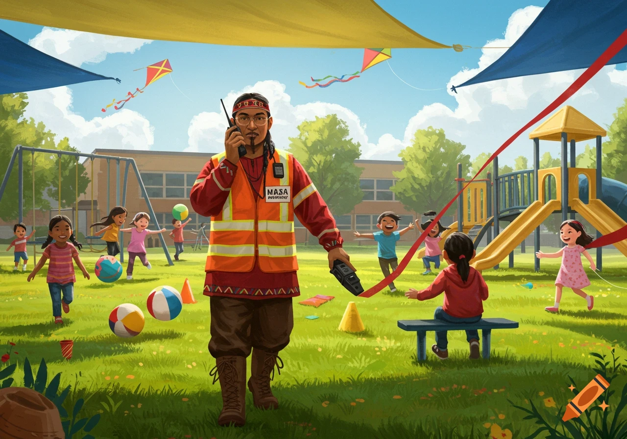An adult supervisor in an orange vest and red shirt with traditional patterns uses a walkie-talkie on a vibrant school playground with diverse children playing, with kites flying overhead.