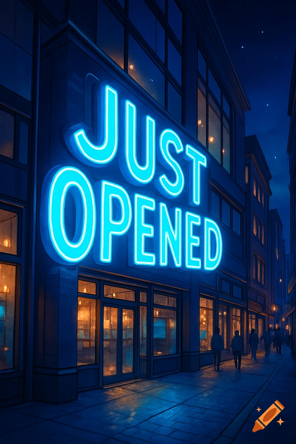 A large building at night with a bright blue neon sign reading 'JUST OPENED' on its facade. People walk on the sidewalk.