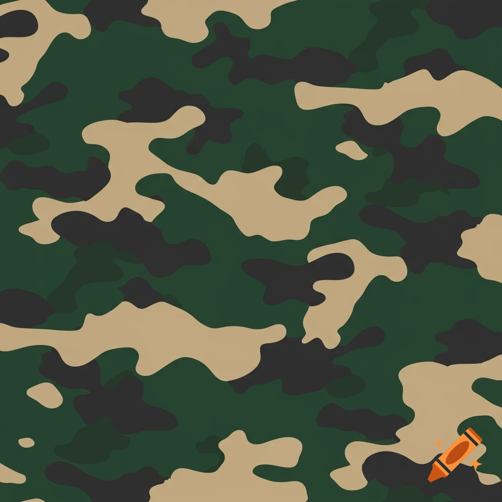 A seamless flat camouflage pattern in dark green, tan, and black.