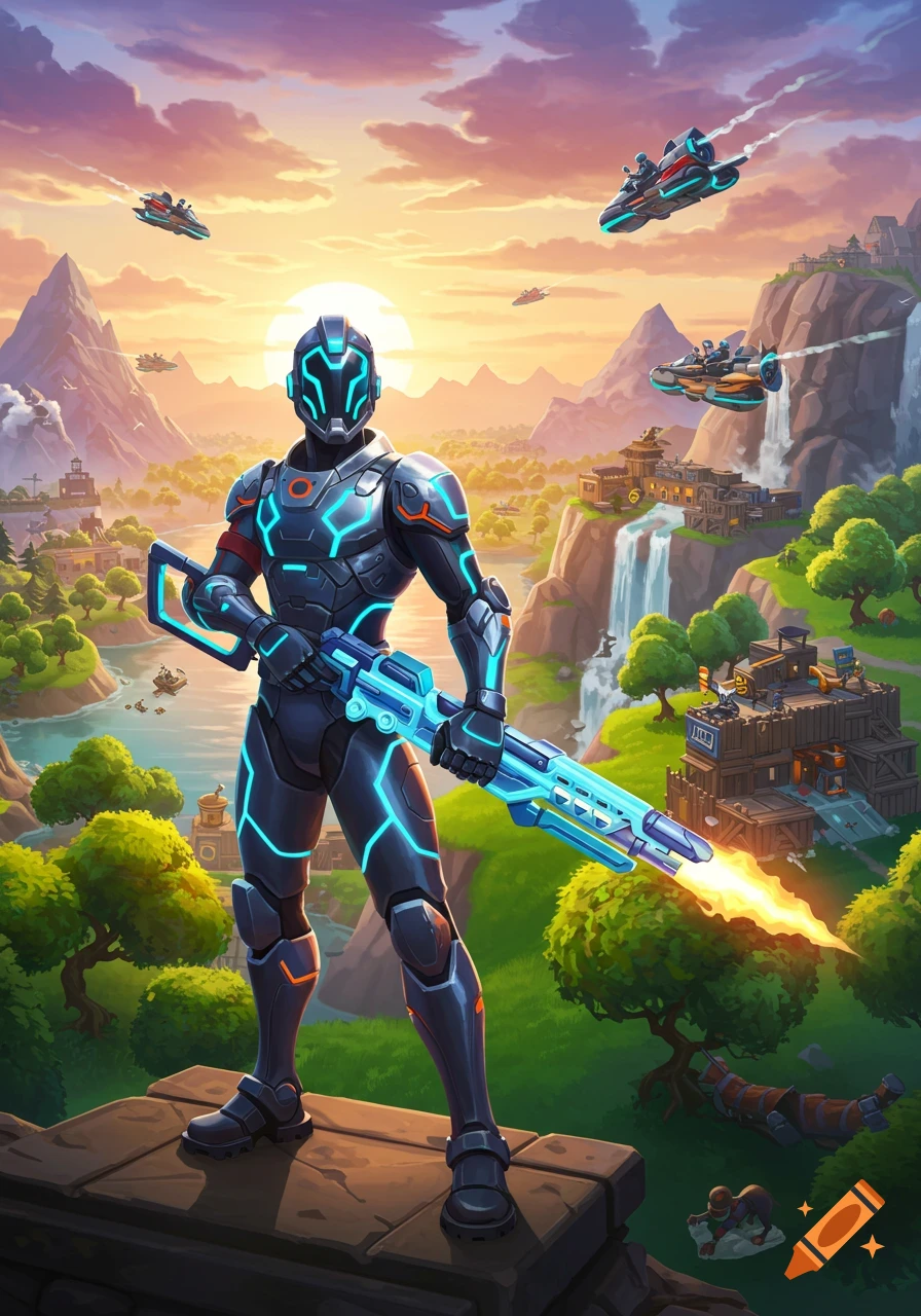 A robotic soldier in futuristic armor holds a glowing rifle, overlooking a vibrant, stylized landscape with mountains, waterfalls, and flying vehicles at sunset.