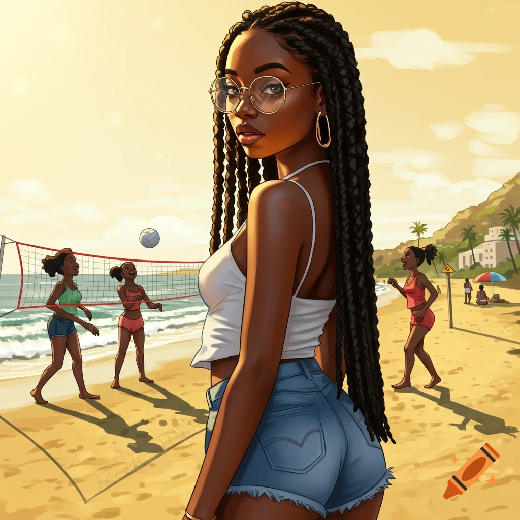 A cartoon-style image of a Black woman with long braids and glasses on a beach, with other women playing volleyball in the background.