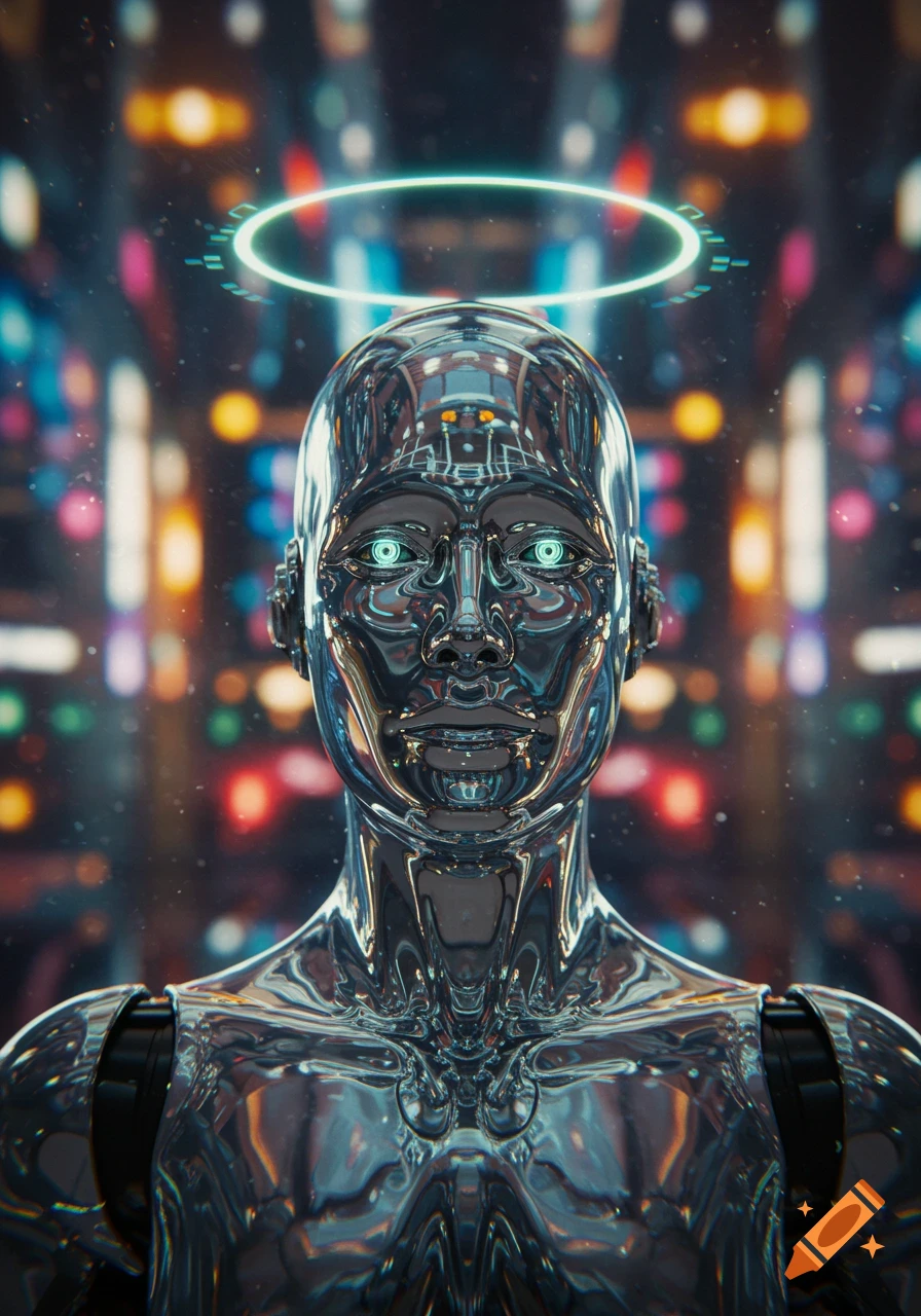 Close-up of a shiny, chrome robot with glowing blue eyes and a neon halo, against a blurry background of colorful lights. Digital art.