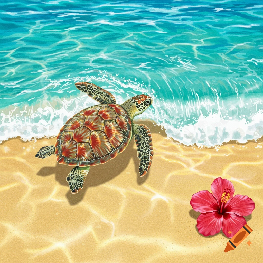 An illustration of a turtle on a sandy beach by the turquoise ocean, with a red hibiscus flower on the sand.
