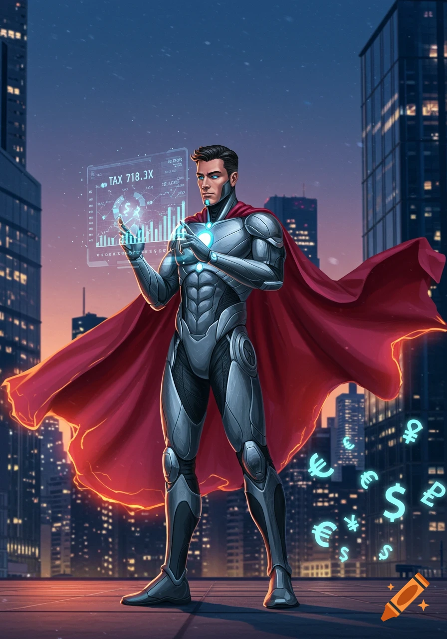 A male superhero in silver armor and a red cape stands on a city rooftop, interacting with a holographic financial display, with glowing currency symbols floating around him.