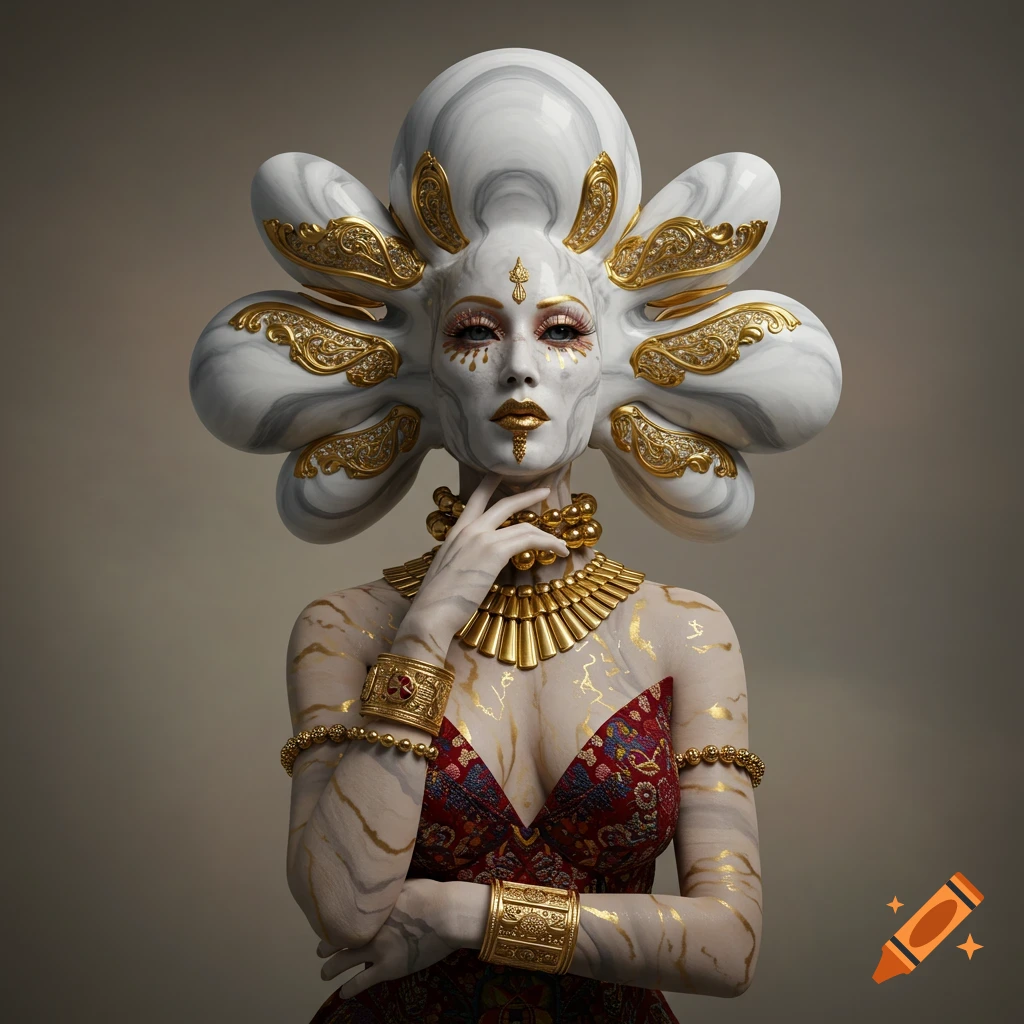 A fantasy woman with a white marble-like headpiece adorned with gold, matching marble-patterned skin, intricate gold jewelry, and a red patterned dress.