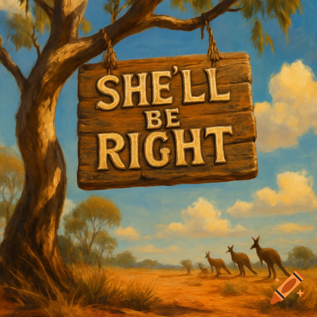 A wooden sign with 'SHE'LL BE RIGHT' hangs from a tree in an Australian desert landscape with kangaroos.