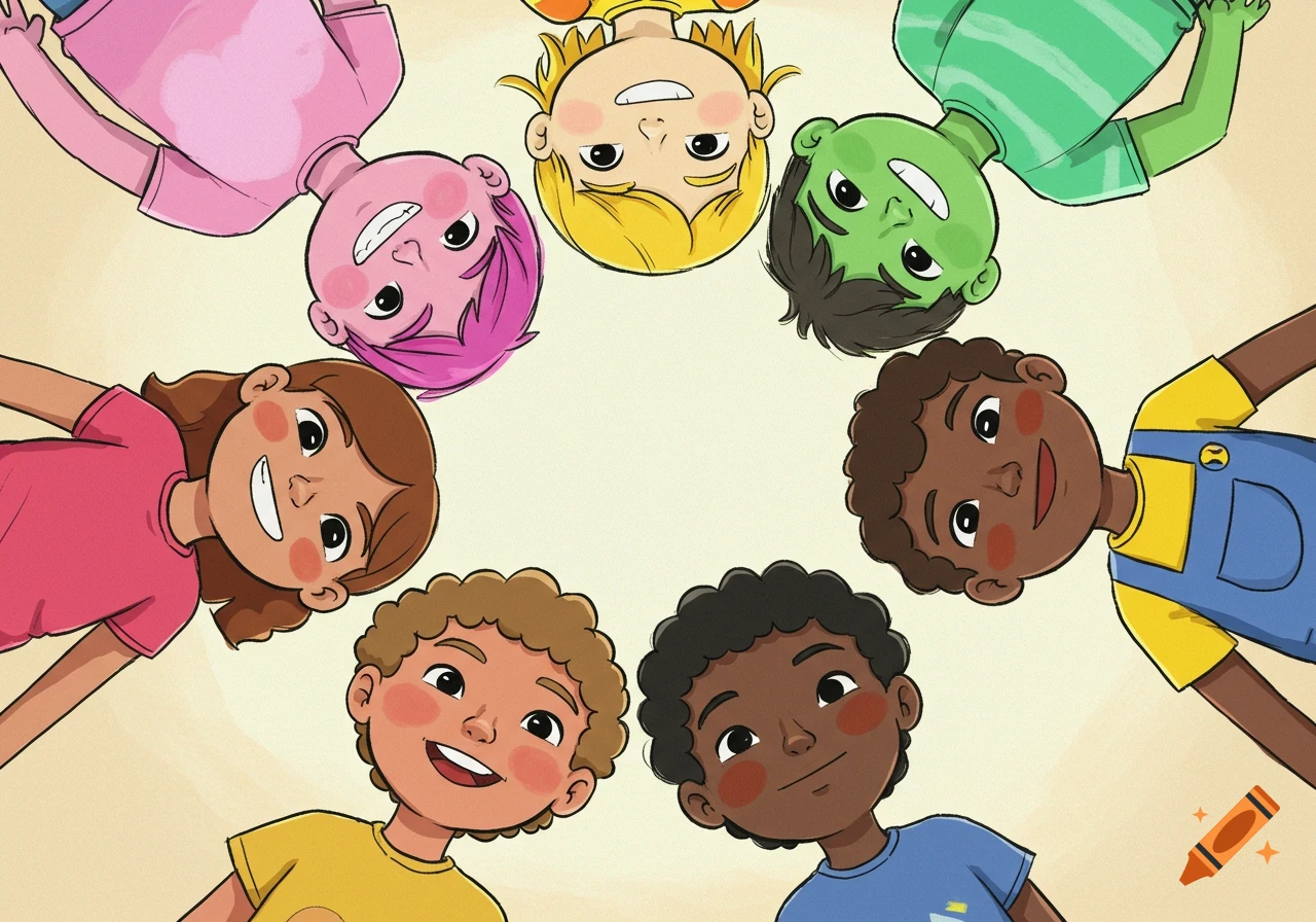 Seven smiling cartoon children of diverse skin and hair colors look down, arranged in a circle.