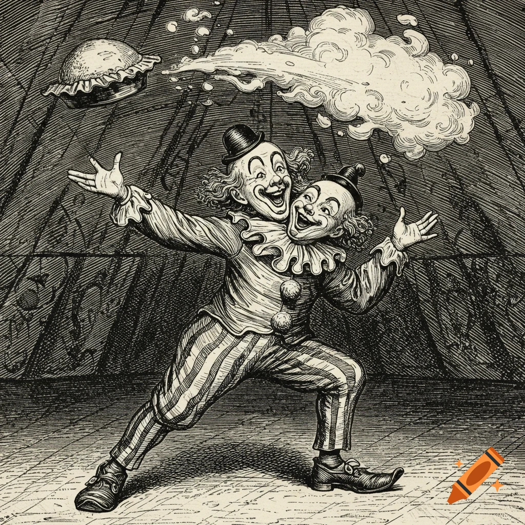 A black and white engraving of a two-headed clown in a circus tent throwing a pie.