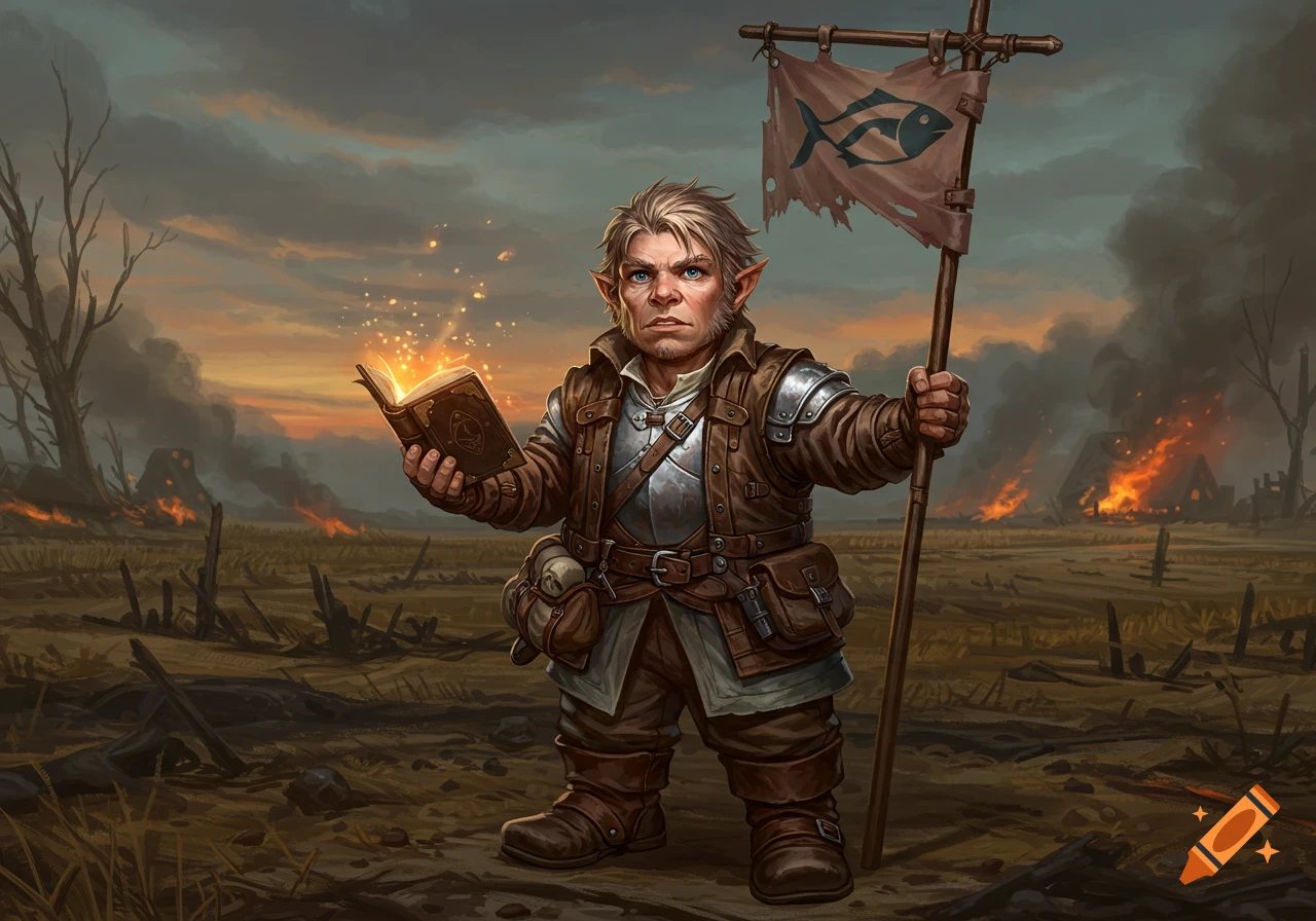 A determined halfling wizard holds a glowing spellbook and a fish banner in war-torn farmlands with burning buildings at sunset.