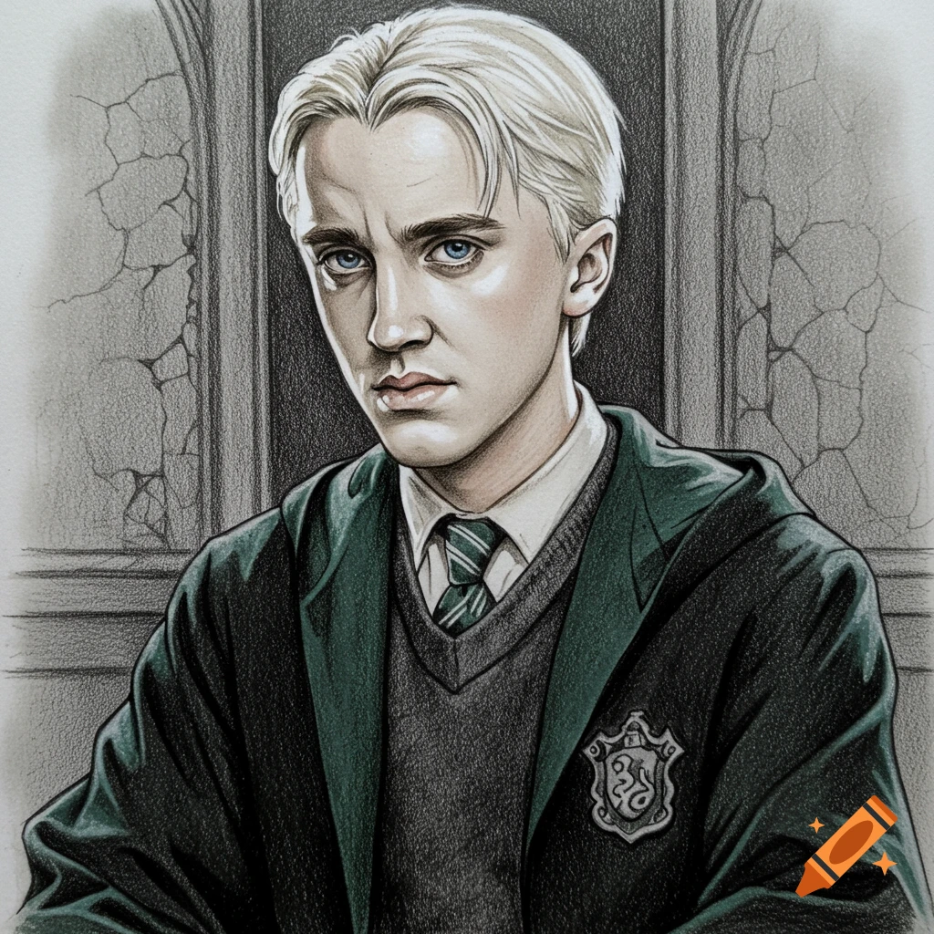 A drawing of Draco Malfoy from Harry Potter, depicted with white-blonde hair, blue eyes, and a green Slytherin uniform.