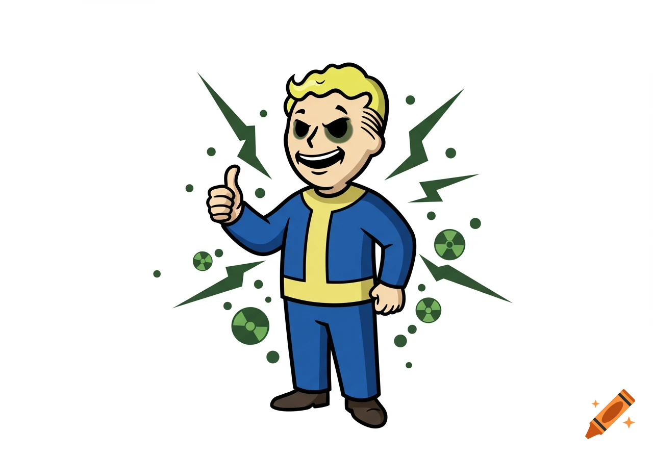 Vault Boy with dark eyes giving a thumbs up, surrounded by green lightning bolts and radiation symbols, in a cartoon style.