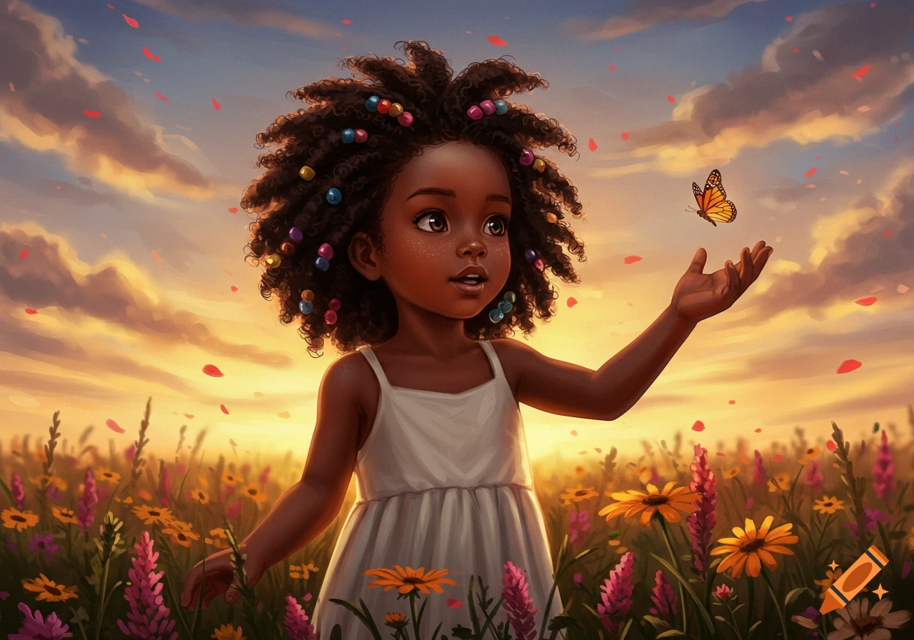Illustrated young black girl in a field of colorful flowers, reaching for a butterfly at sunset.