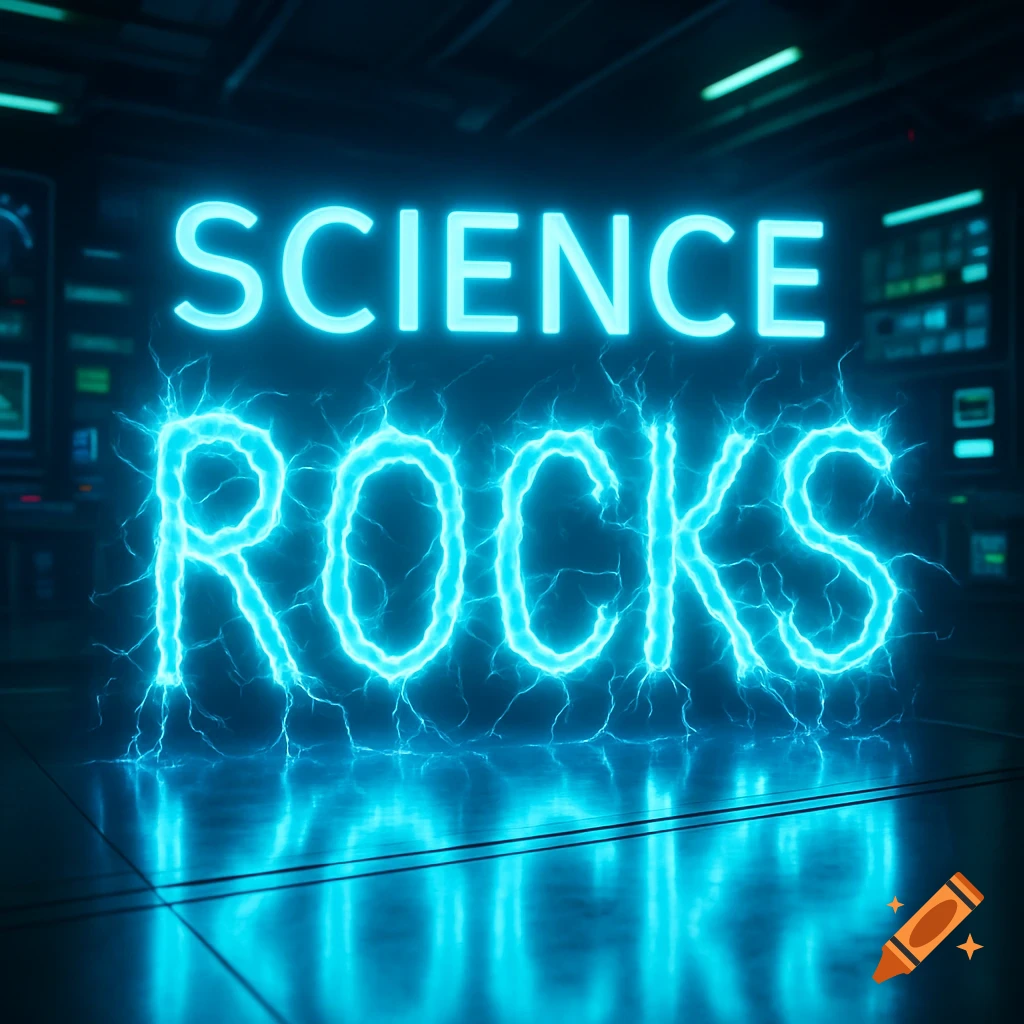 Glowing blue neon text 'SCIENCE ROCKS' with electricity crackling around 'ROCKS' in a dark, high-tech lab.