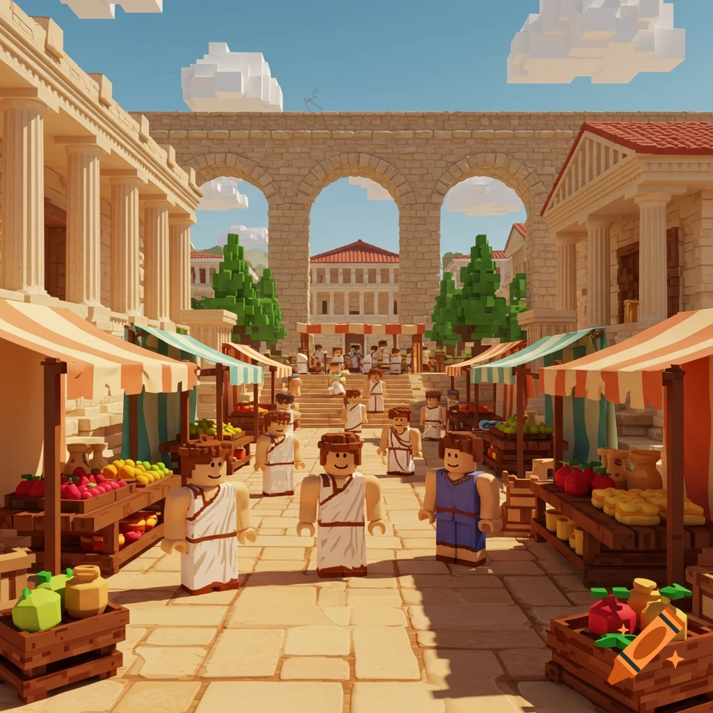 Roblox-style depiction of an ancient Roman market with characters, stalls selling goods, and a large stone aqueduct.