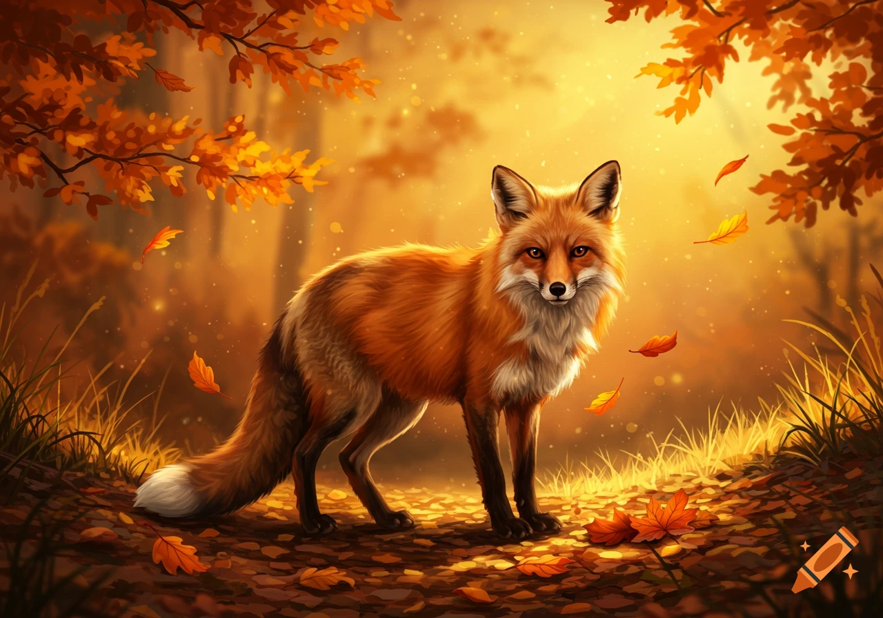 A red fox stands amidst fallen autumn leaves in a sunlit forest, surrounded by golden and orange foliage.